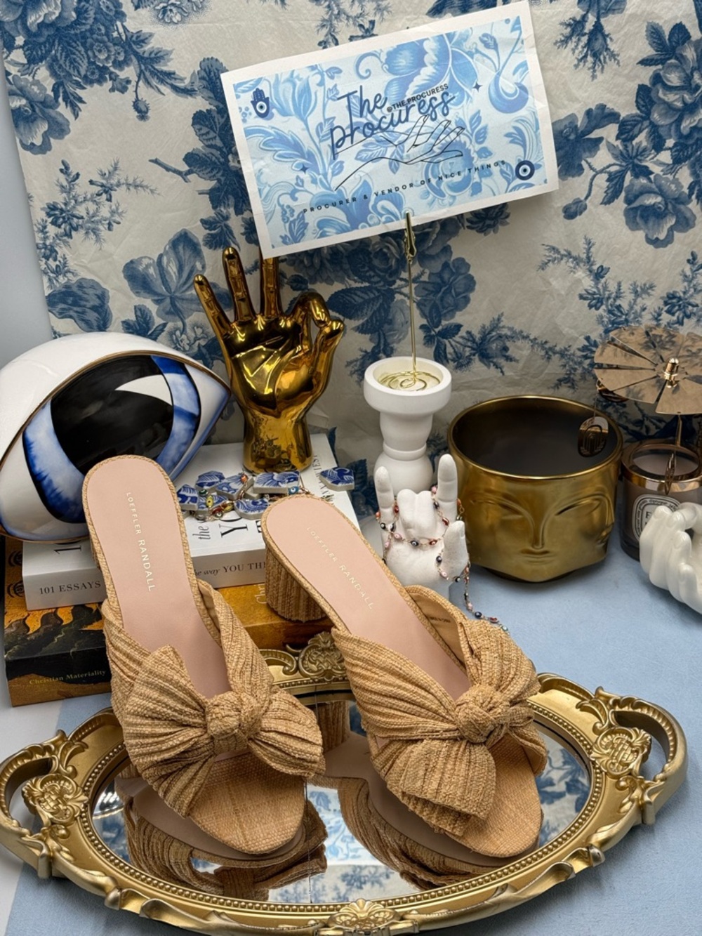 Loeffler Randall Tan Bow Knot Raffia Block Heel Mules - Picture 2 of 16